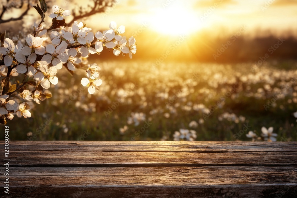 Poster a beautiful spring green meadow background featuring an empty wooden table for product display, with