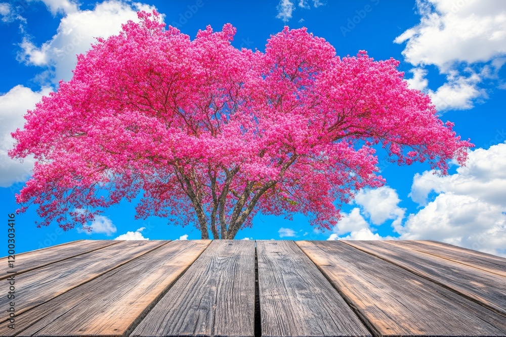 Poster a background featuring a blossoming sakura cherry tree with an empty wooden table ready for product 