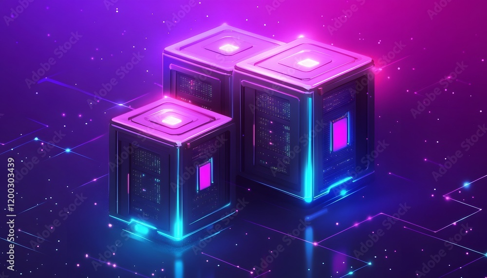 Poster futuristic digital interface with glowing cubes representing advanced technology, data processing, a