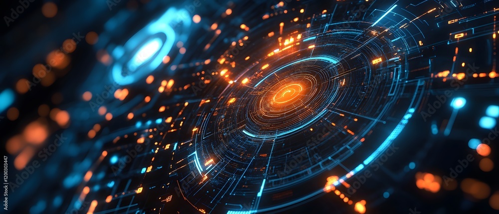 Poster futuristic digital interface with glowing elements and intricate patterns.