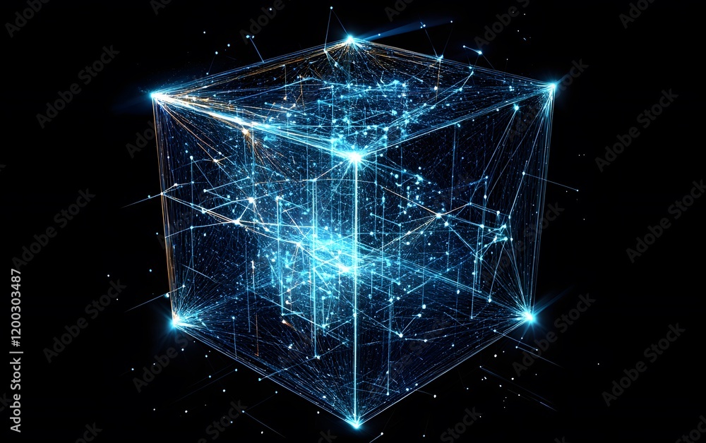 Poster futuristic digital rendering of a glowing cube, showcasing interconnected nodes and lines. perfect f
