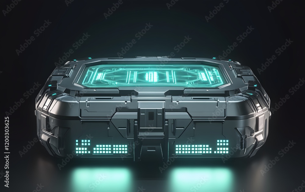 Poster futuristic technological device with glowing elements, designed for modern applications.