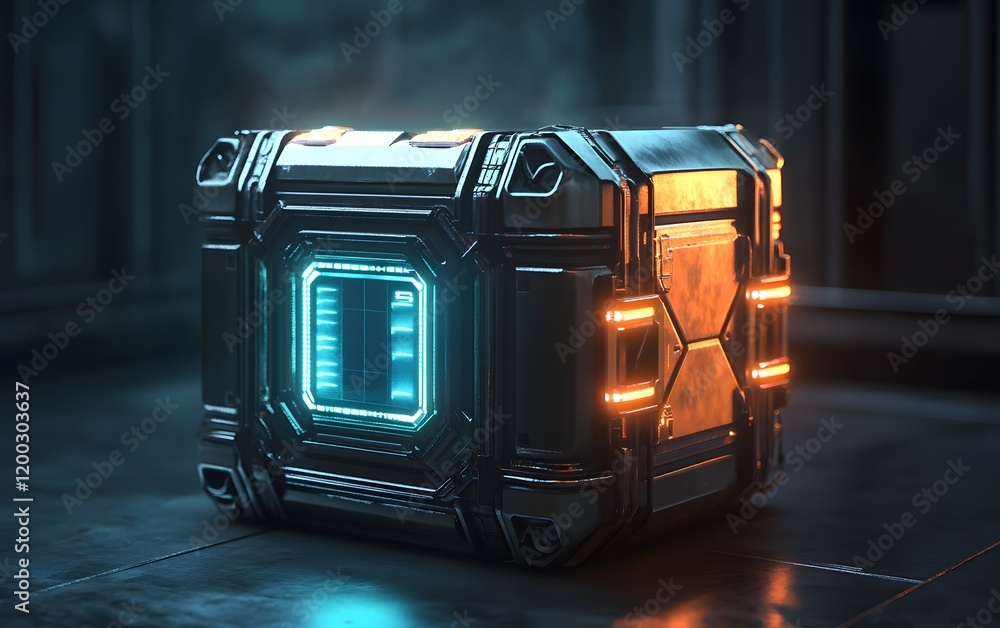 Poster futuristic technology cube with glowing elements and sleek design.