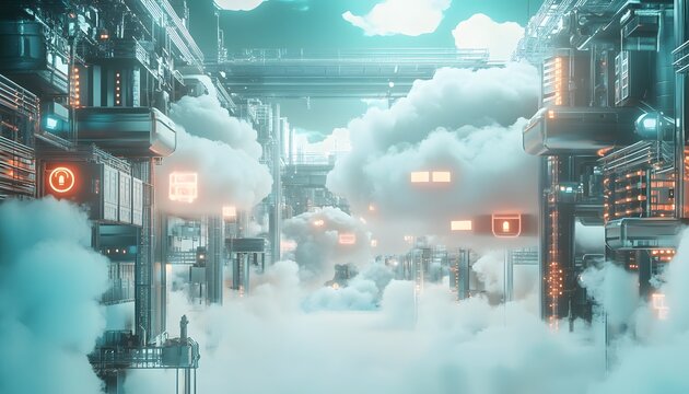 Futuristic urban landscape filled with digital structures and clouds, showcasing a blend of innovation and creativity in a vibrant, high-tech environment.