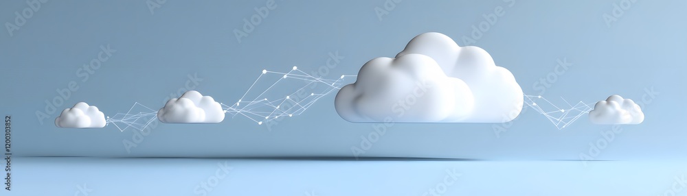 Poster stylized clouds floating in a serene blue sky, representing data transfer and cloud computing techno