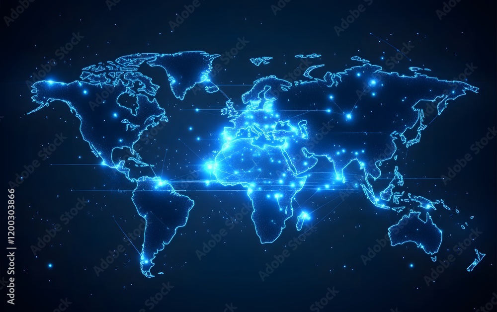 Poster stylized digital world map illuminated with glowing blue lines and points, representing global conne