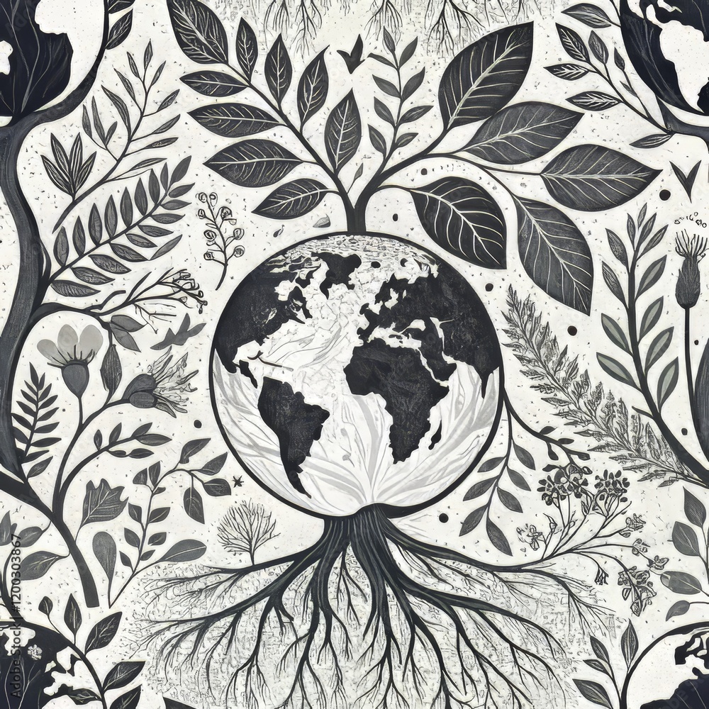 Poster monochrome earth with roots surrounded by intricate foliage and botanical patterns