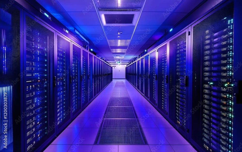Aufkleber the image depicts a modern server room illuminated with blue lights, showcasing rows of servers in a
