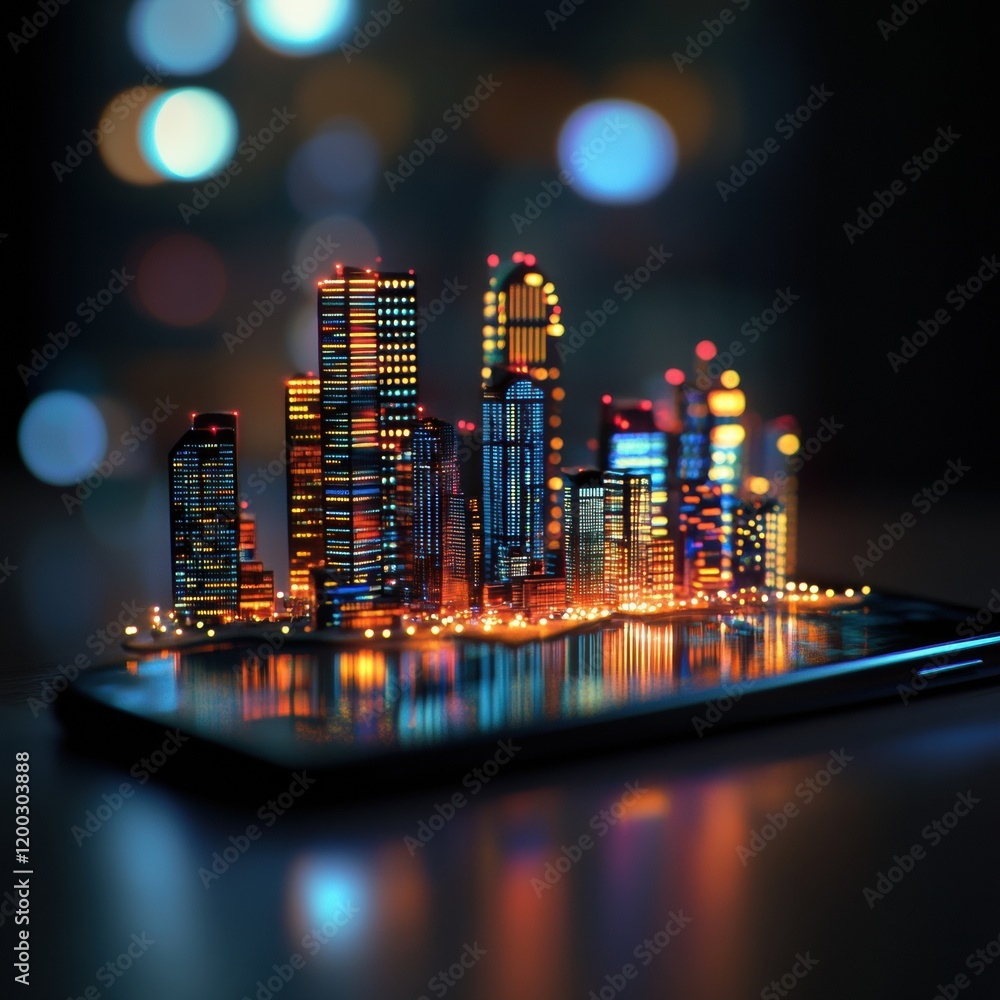 Aufkleber Tiny cityscape emerges from a glowing smartphone screen at night with bright lights and reflections in water. Generative AI
