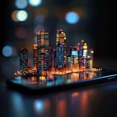 Tiny cityscape emerges from a glowing smartphone screen at night with bright lights and reflections in water. Generative AI