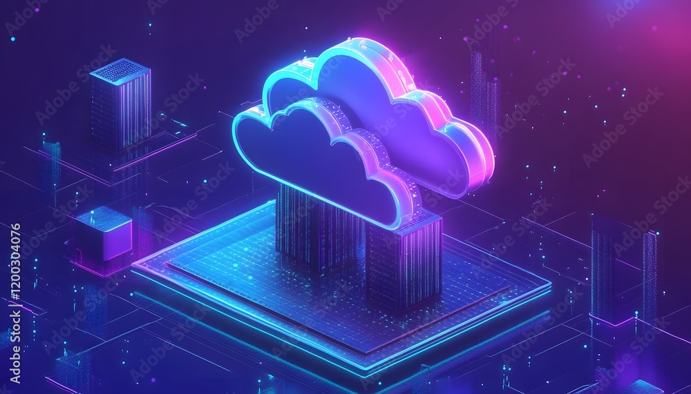 Poster vibrant digital illustration of a cloud symbolizing cloud computing, surrounded by data blocks and g