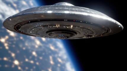 Obraz premium Futuristic Spaceship UFO hovering above Earth's atmosphere, Sci-Fi 3D render