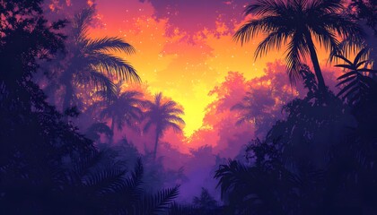 Fototapeta premium Vibrant sunset illuminating a tropical forest with silhouetted palm trees.