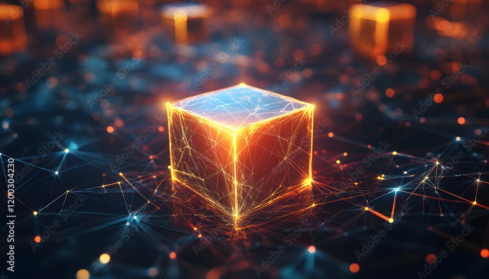 Poster a captivating digital representation of a glowing cube, surrounded by intricate networks of lights a