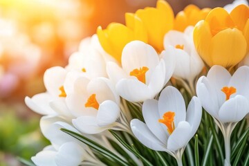 Obraz premium Yellow crocuses bloom in a sunlit spring garden, showcasing the first beautiful flowers