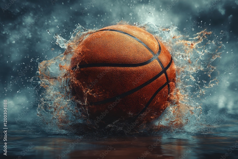 Poster a basketball splashes into water, creating dynamic motion and visual impact.