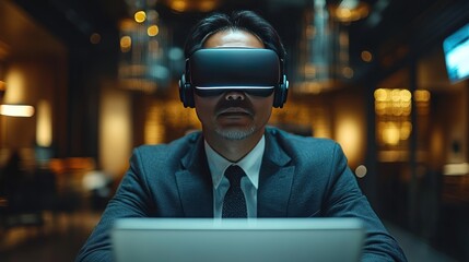 Businessman uses VR headset at night, laptop in front