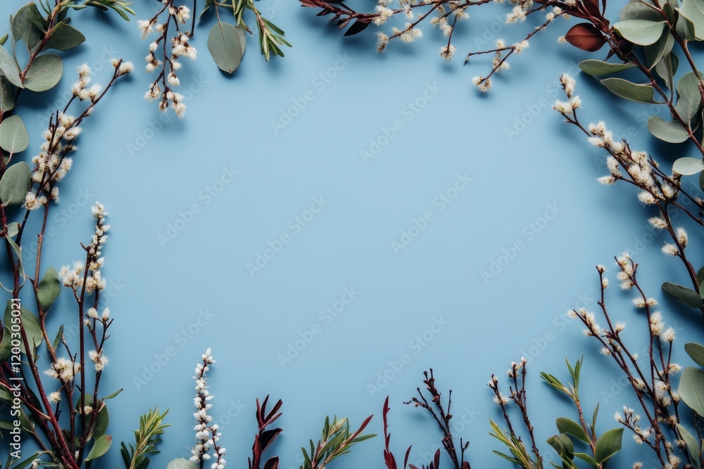 Aufkleber spring flower arrangement on a blue background with copy space in a flat lay mock-up