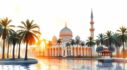 Naklejka premium Painterly White and Blue Mosque Among Swaying Palms Reflecting in Serene Waters 