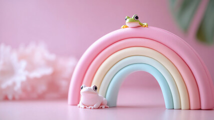 Two cute clay frogs sit on pastel rainbow against pink background