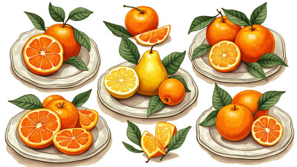 Watercolor fruits on a plate on a white background.