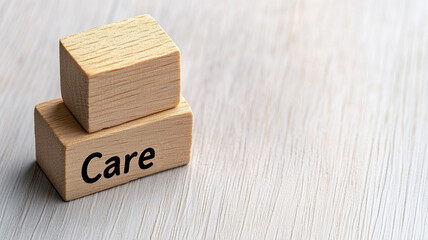 Two wooden blocks, one with "Care" text, stacked on white surface