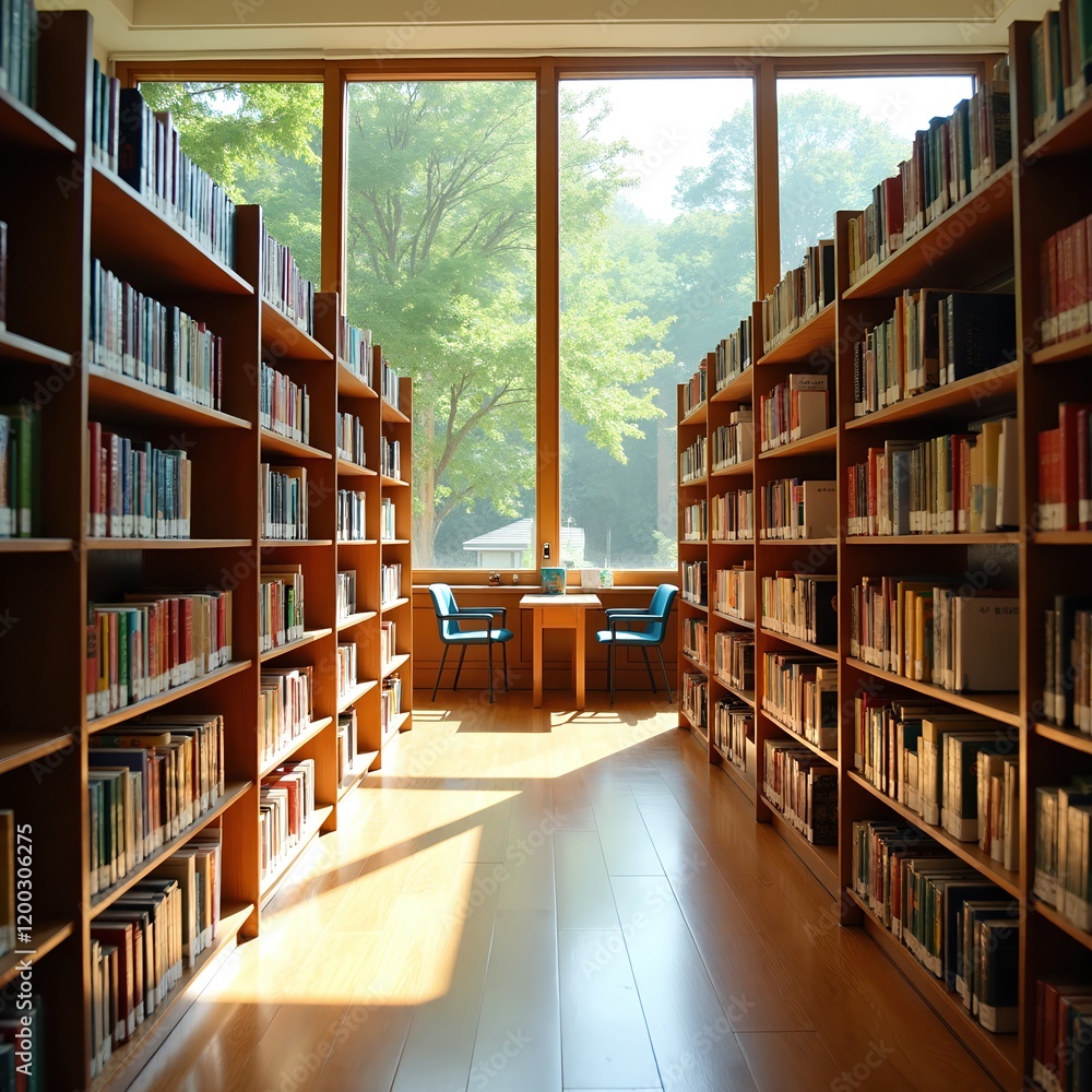 Poster sunlit library with rows of bookshelves and a quiet reading nook by the window. perfect for study or