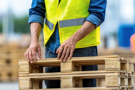 A worker in a safety vest handles wooden pallets in a warehouse, emphasizing safety and logistics in material handling.