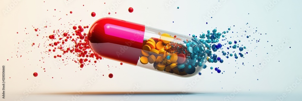 Fototapete colorful particles emerge from split capsule showcasing a blend of vibrant elements and dynamic move