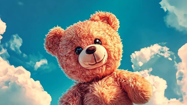 Cute cartoon teddy bear against a bright blue sky with fluffy clouds, Film style bold cartoon cute teddy bear, sky background