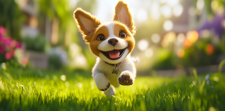 A vibrant cartoon-style puppy running in a sunny backyard. This whimsical and cheerful illustration captures the joy and liveliness of pets, perfect for playful themes.