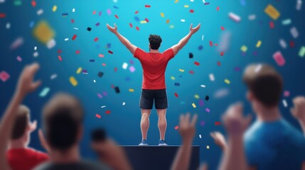 A triumphant figure stands on a pedestal, arms raised in celebration, surrounded by a cheering crowd and colorful confetti against a bright blue background.