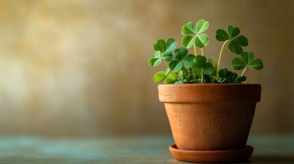 Fototapeta premium Potted clover plant on table, soft background, spring freshness, greeting card