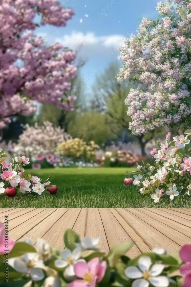 Poster wooden table with a spring nature bokeh background, featuring an empty wood desk for product display