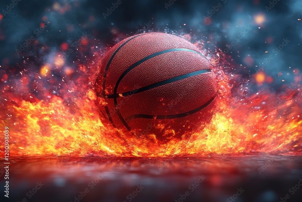 Poster a basketball surrounded by flames, creating a dynamic and energetic visual effect.