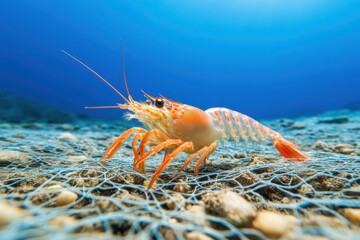 A vibrant shrimp crawls along the ocean floor, surrounded by sand and underwater vegetation, showcasing the beauty of marine life.