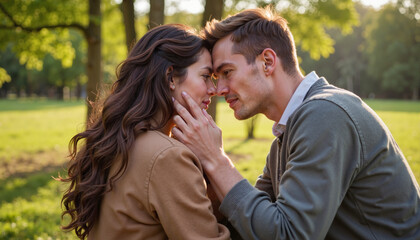Fototapeta premium Couple secret whisper: Romantic couple sharing a tender moment in a sunny park 