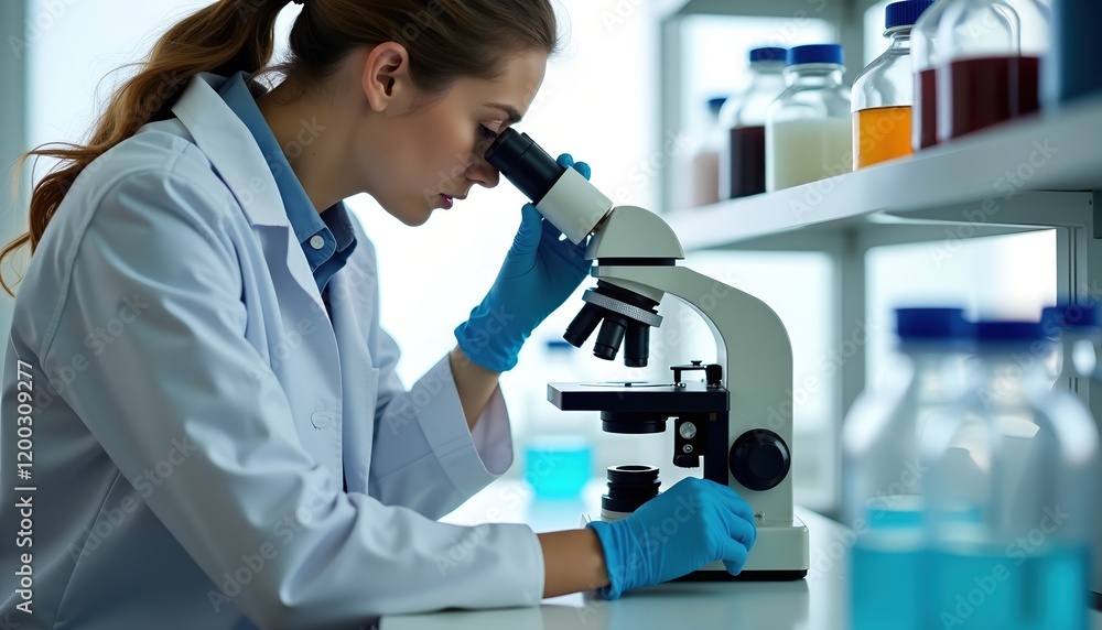 Poster scientist using a microscope in a laboratory setting, conducting research and analysis. focused and 