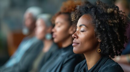 Close-up of a group of leaders participating in a mindfulness session for stress management 
