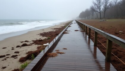 Wet boardwalk stretching towards a stormy ocean. Dark clouds and waves create a dramatic coastal scene.