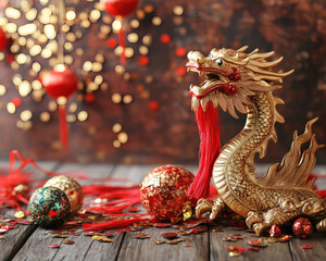 Fototapeta premium Dragon and tassels surrounded by rich wooden textures