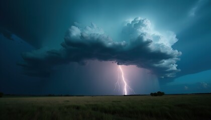 Lightning strikes across a vast, dark field under a dramatic thunderstorm sky.  The power of nature is on full display.