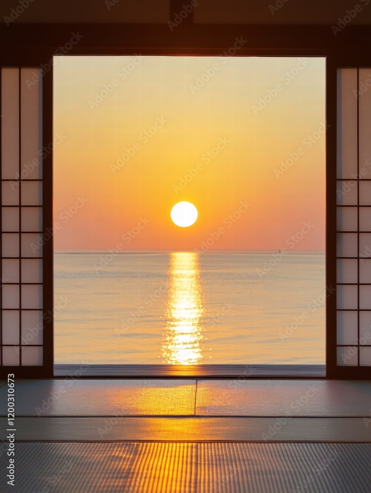 Poster Beautiful sunset over calm sea viewed through traditional window frame in serene setting. Generative AI