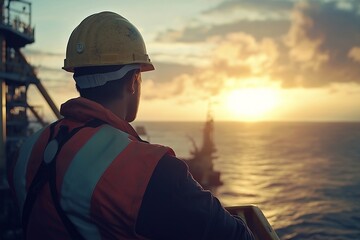 Obraz premium Offshore Oil Rig Worker Supervising Operations at Sunset