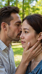 Fototapeta premium Couple secret whisper: Romantic couple sharing a tender moment in a sunny park 
