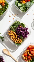 vibrant top-view composition showcasing grab-and-go salads in eco-friendly packaging. Each salad features bold, colorful layers