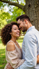 Obraz premium Couple secret whisper: Happy couple embracing under a tree in a sunny park 