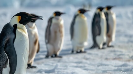 Obraz premium A group of majestic emperor penguins standing on a snowy landscape, showcasing their striking black and white plumage and bright orange accents.