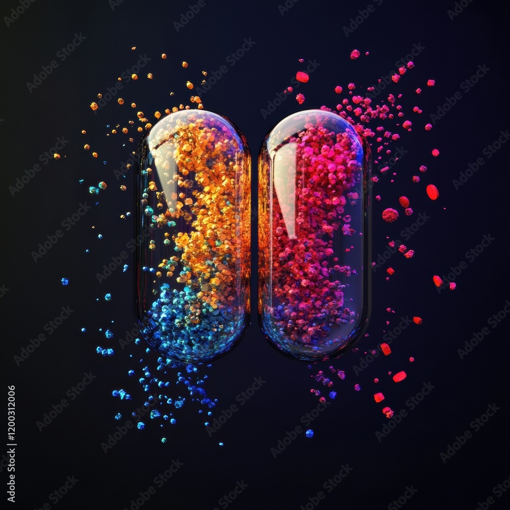 Fototapete colorful particles spill from split capsule, creating a vibrant explosion of hues in a dark backgrou