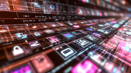 A cyberpunk holographic interface filled with floating neon icons and digital elements, set against a futuristic backdrop showcasing advanced technology and design.